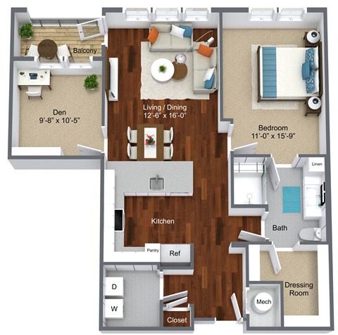 Floor plan for 2 beds, 1 bath, 965 sqft